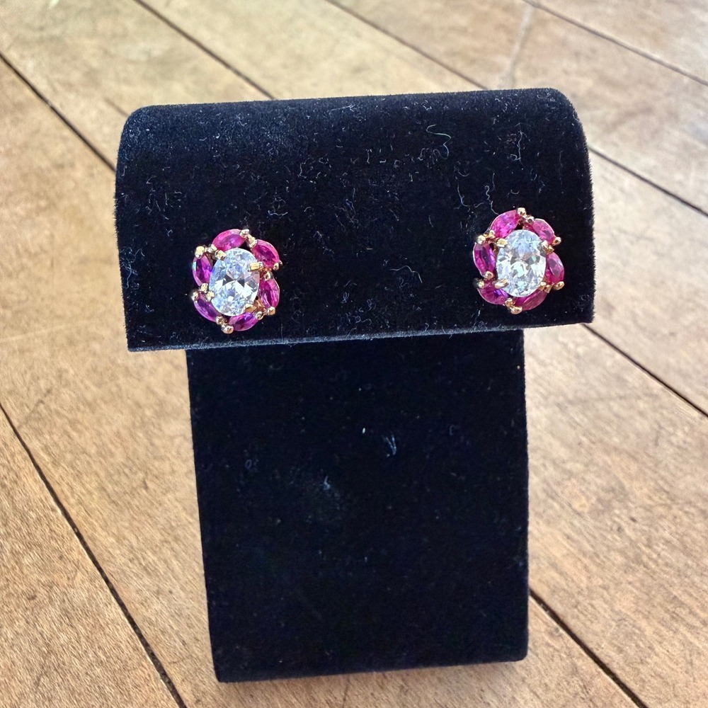 Lind Vintage 14K HGE Pink and Clear CZ Floral Cluster Stud Earrings‎